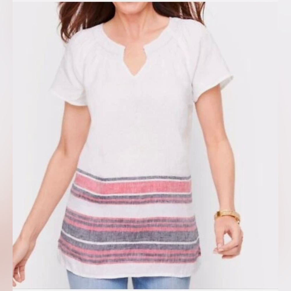 Talbots Border Stripe 100% Linen Top Size 1X P Petite USA RED WHITE BLUE